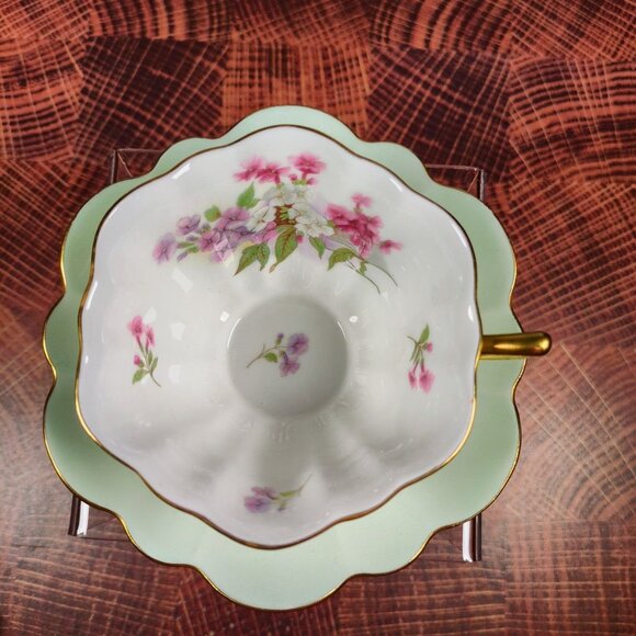 Vintage Shelley Teacup & Saucer Mint Green With Floral Pattern Stratford shape - Picture 2 of 7